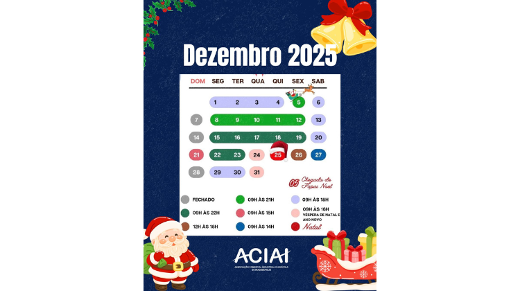Notícia: ATENÇÃO PARA O HORÁRIO DE FUNCIONAMENTO DO COMÉRCIO DE IRACEMÁPOLIS NESSE MÊS DE DEZEMBRO.